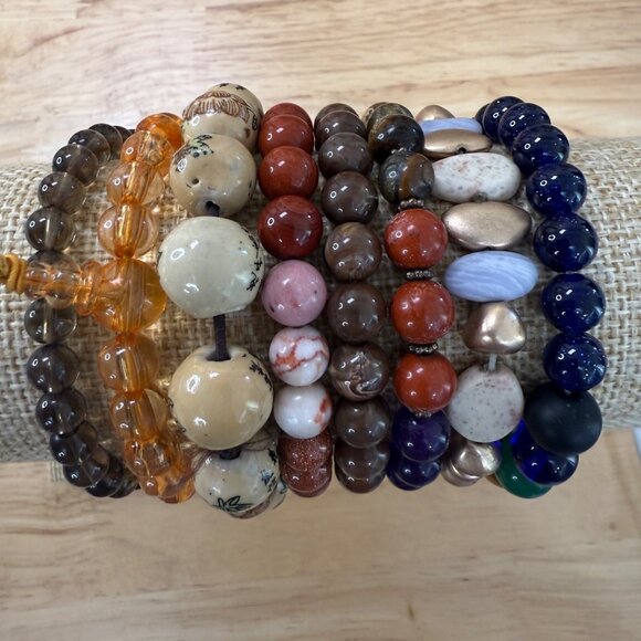 Earth Tone Stretch Bracelet Lot Set Of 10 Beaded Stone & Glass Accessories For W - Picture 3 of 9